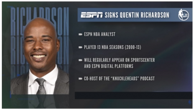 ESPN：正式签约前NBA球员昆汀-理查德森 后者将担任解说